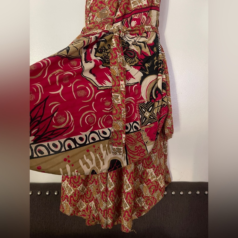 Boho Chic Sleeveless patchwork Red and Tan Asymmetrical Tiered Sundress - Picture 3 of 3